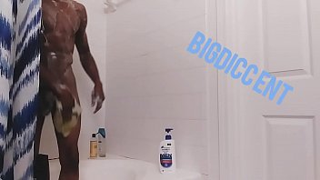 Young menace in shower jacking big black cock Young menace in shower jacking big black cock