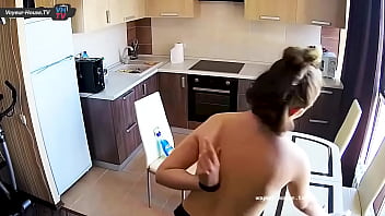 Spying on how busty chick topless cleaning kitchenette Spying on how busty chick topless cleaning kitchenette