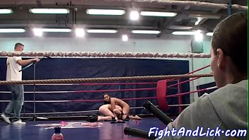 Roundass lesbians wrestling in a boxing ring
