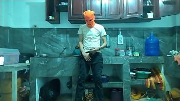 "from flaccid penis to erect 25-year-old man with a big penis masturbates while waiting for his best friend in the kitchen"