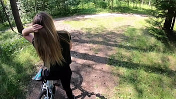 Horny blonde loves to suck cocks to strangers and swallow cum during forest bike ride outdoor - amateur pov blowjob