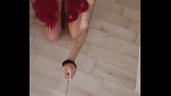 A teen girl sucks a teen guy dick on a leash in the smoke of hookah and licks balls pov blowjob