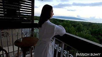 Hot coffee with masturbation on public terrace in hotel - best idea for new day by amateur pornstar