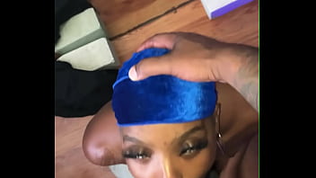 Pretty face slim ebony slut with glasses showing ass toes and soles in the mirror while deep-throating bbc sloppy for a facial and throatpie