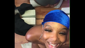 Pretty face slim ebony slut with glasses showing ass toes and soles in the mirror while deep-throating bbc sloppy for a facial and throatpie