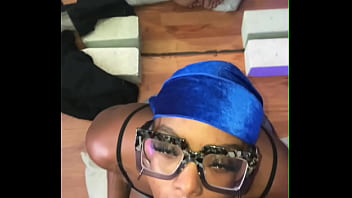 Pretty face slim ebony slut with glasses showing ass toes and soles in the mirror while deep-throating bbc sloppy for a facial and throatpie