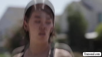 Busty shemale saw her blonde friend got stucked in the of helping she licks her pussy first and she then fucks it so deep and hard