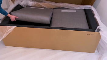 Hot brunette with big ass in sexy panties sucks cock and fucks guy on new sofa right after unpacking and setting up