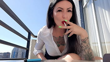 leather mistress smoking human ashtray