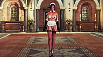 Mature busty Lara Croft dressed up in skimpy maid costume and dances hot