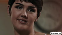 TS short haired caught her friend jerking off on his bed and instead of getting mad,she throats his hard big dick