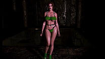 Thick counterpart of Lara Croft in bikini demonstrates her wet shapes in dungeon