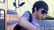 Skinny twink jerks off while taking dick