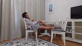 Kim toy in plaid skirt and nude pantyhose showing her toned legs