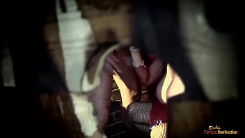 Horny brunette milf with huge boobs got talked into sucking a long dick in the sex dungeon before fucking in reverse cowgirl position until she got fresh cum on her chin