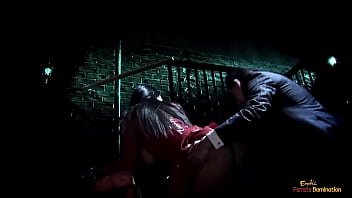 Horny brunette milf with huge boobs got talked into sucking a long dick in the sex dungeon before fucking in reverse cowgirl position until she got fresh cum on her chin