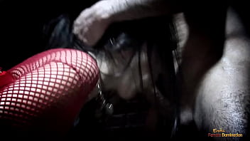 Horny brunette milf with huge boobs got talked into sucking a long dick in the sex dungeon before fucking in reverse cowgirl position until she got fresh cum on her chin