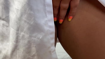 Fucking a busty girlfriend in a white dressing gown