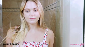 Radiant golden haired muse took a shower