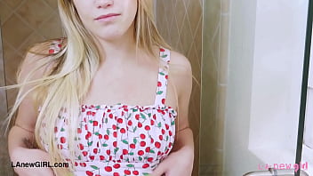 Radiant golden haired muse took a shower