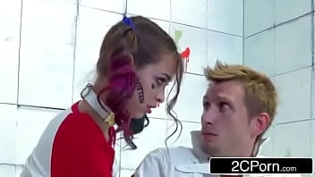 Tiny brunette goes ballistic on big white cock in asylum