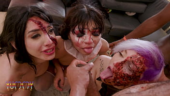 Halloween party with mina k maily presly and camila smith assfucked together in hot 3 on 3 anal