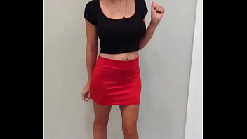 Sadie in a red mini skirt