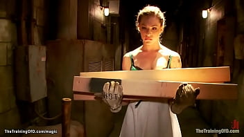 Master James Mogul Fores Sexy Blonde Trainee Dahlia Sky Carry Heavy Wooden Billets Then Squat On Black Dildo Till Vibrates Her Tied With Rope thumbnail