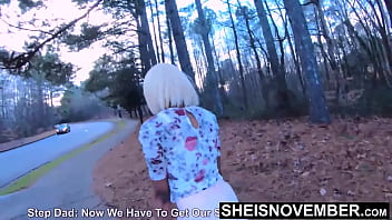 My freaky stepdaughter sneak outside to fuck me in public riding my hard horny big dick in the woods during taboo sex and upskirt cute filthy young black girl sheisnovember large natural tits and huge areolas out rough fucking by msnovember