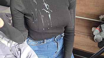Two cumshots on the same shirt 2 handjobs