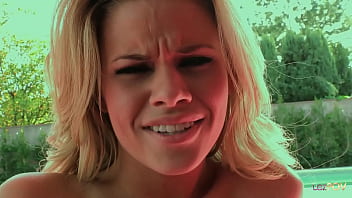 Lesbo sex in the backyard by the pool between a stunning blonde and a skinny dark short hair chick