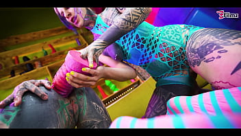 Tattooed lesbians go deep with massive toys — atm gaping holes and raw real orgasms
