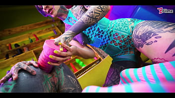 Tattooed lesbians go deep with massive toys — atm gaping holes and raw real orgasms