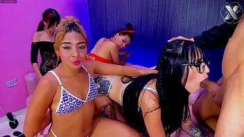 Girls party with a friend as a guest and they end up giving him super very deep blowjobs