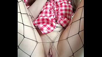 Innocent girl plays with big dildo through pantyhose until she cums