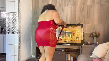 Bbw christmas cleaning in a festive transparent dress