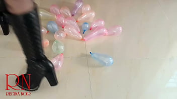 Small balloons pop with high heels boots full