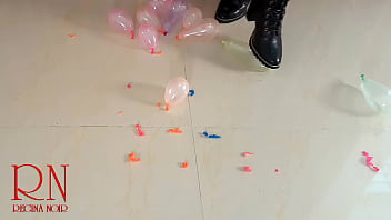 Small balloons pop with high heels boots full