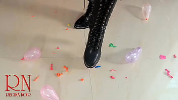 Small balloons pop with high heels boots full