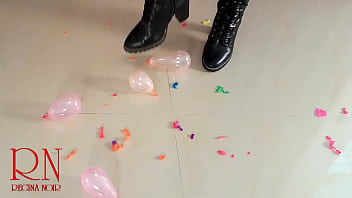 Small balloons pop with high heels boots full