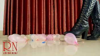 Small balloons pop with high heels boots full