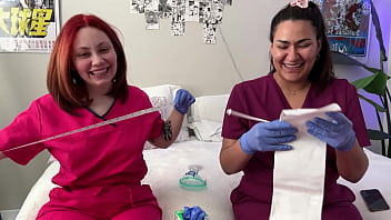 Hot nurses in scrubs mess around with gloves