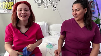 Hot nurses in scrubs mess around with gloves