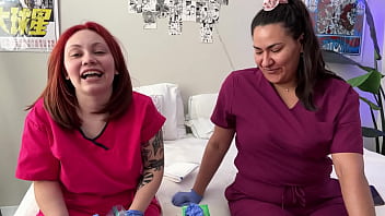 Hot nurses in scrubs mess around with gloves