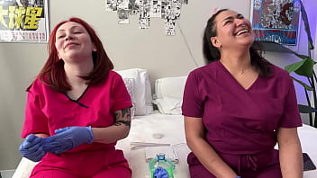 Hot nurses in scrubs mess around with gloves