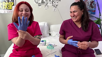 Hot nurses in scrubs mess around with gloves