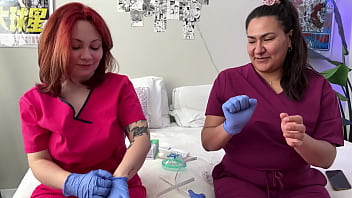Hot nurses in scrubs mess around with gloves