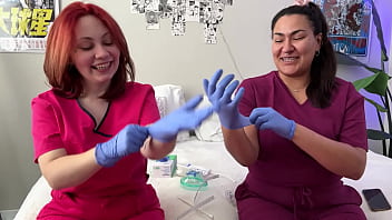 Hot nurses in scrubs mess around with gloves
