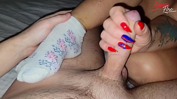 Footjob in white socks cum on socks