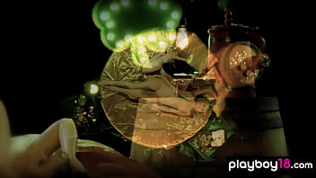 Skinny brunette lesbian babe massaging her blonde mistress